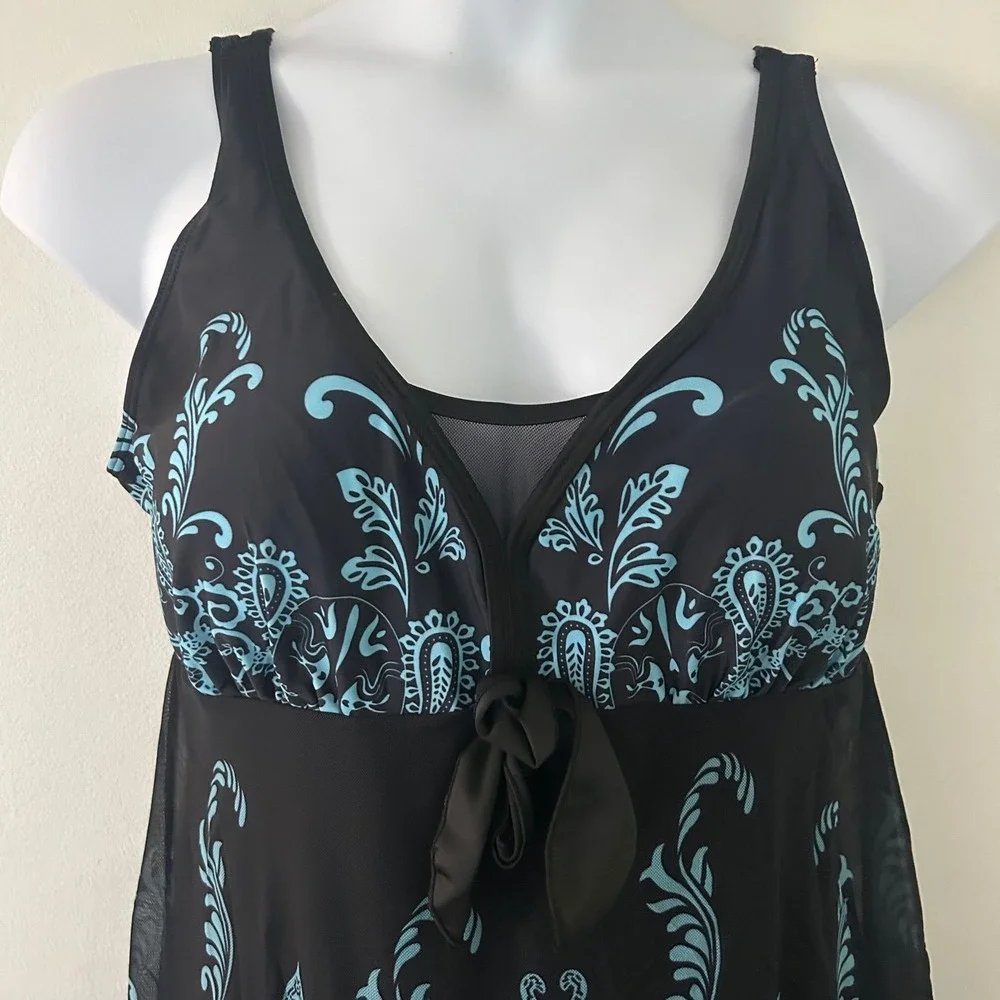 Women's One-Piece Mesh Padded Black Teal Paisley Swim Dress Swimwear 4XL - Picture 2 of 9